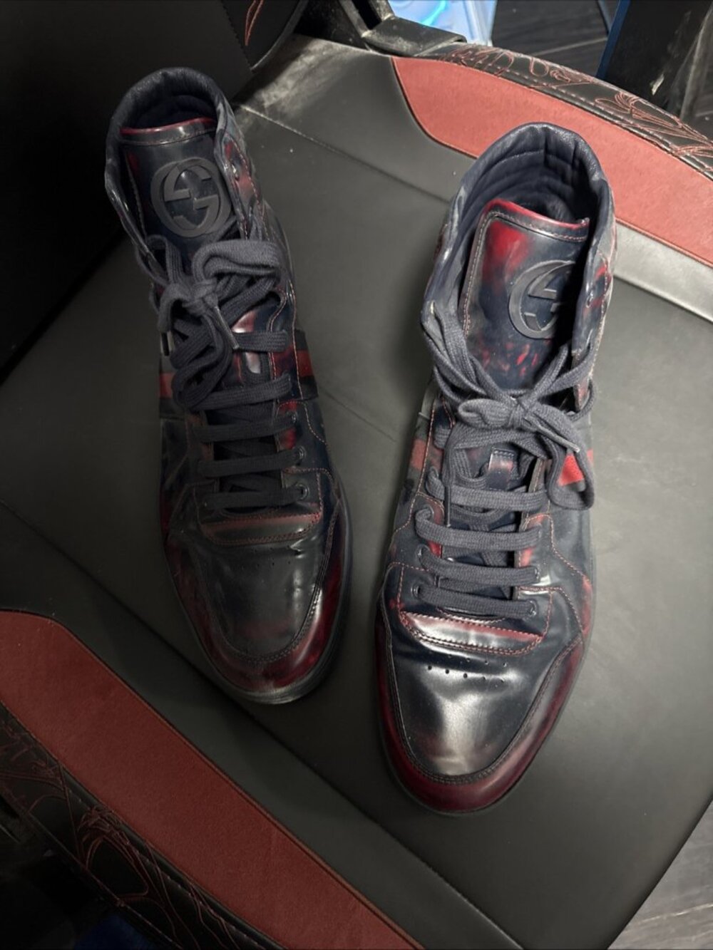 Gucci Men's Black & Red "Burnished" Leather High-Top Sneakers (Gucci 14, US 15)